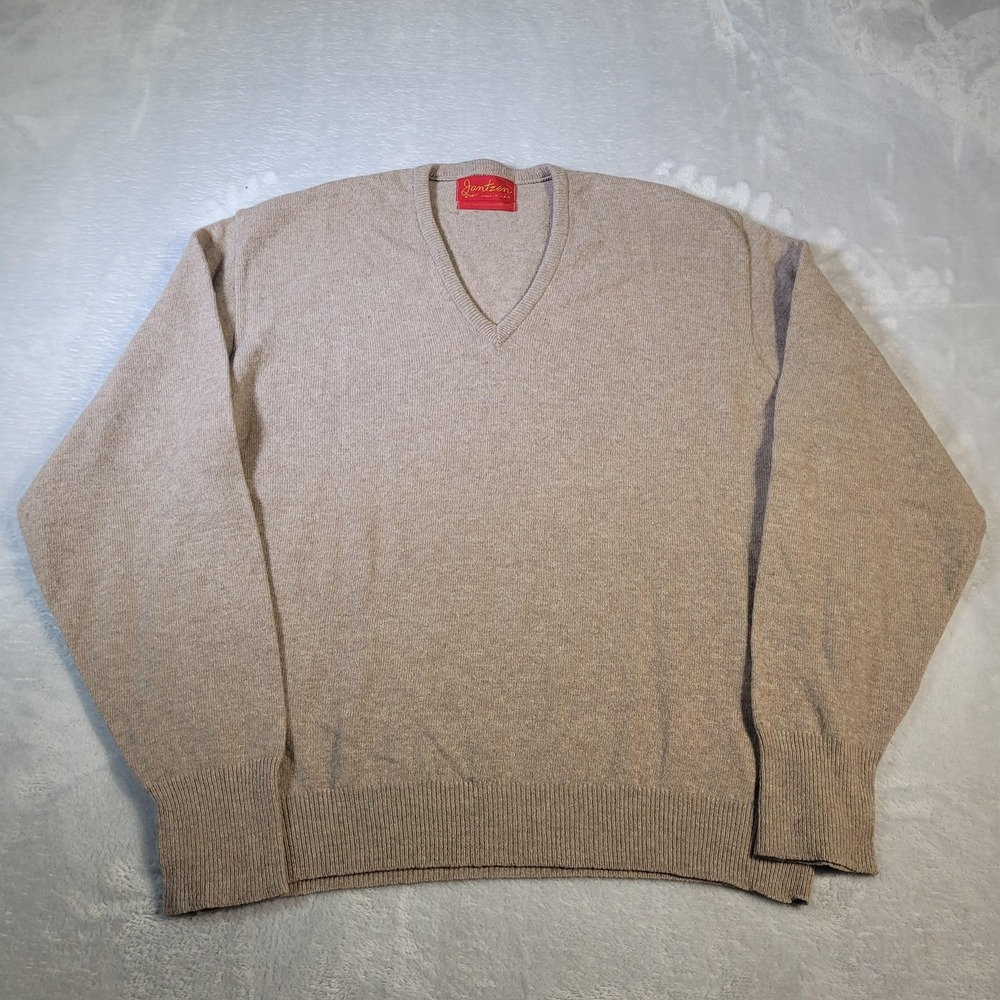 Vintage Jantzen Sweater Mens Large Beige Lambswool V Neck Pullover Made In USA